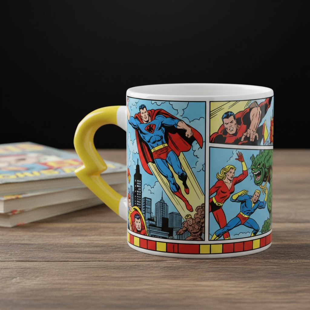 Caneca de cerâmica estampada com quadrinhos de super-heróis e alça amarela em formato de raio sobre uma mesa de madeira.