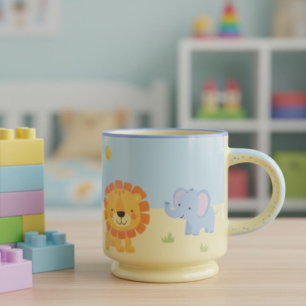 Caneca infantil com estampa de leão e elefante sobre uma mesa de madeira ao lado de blocos de montar coloridos.