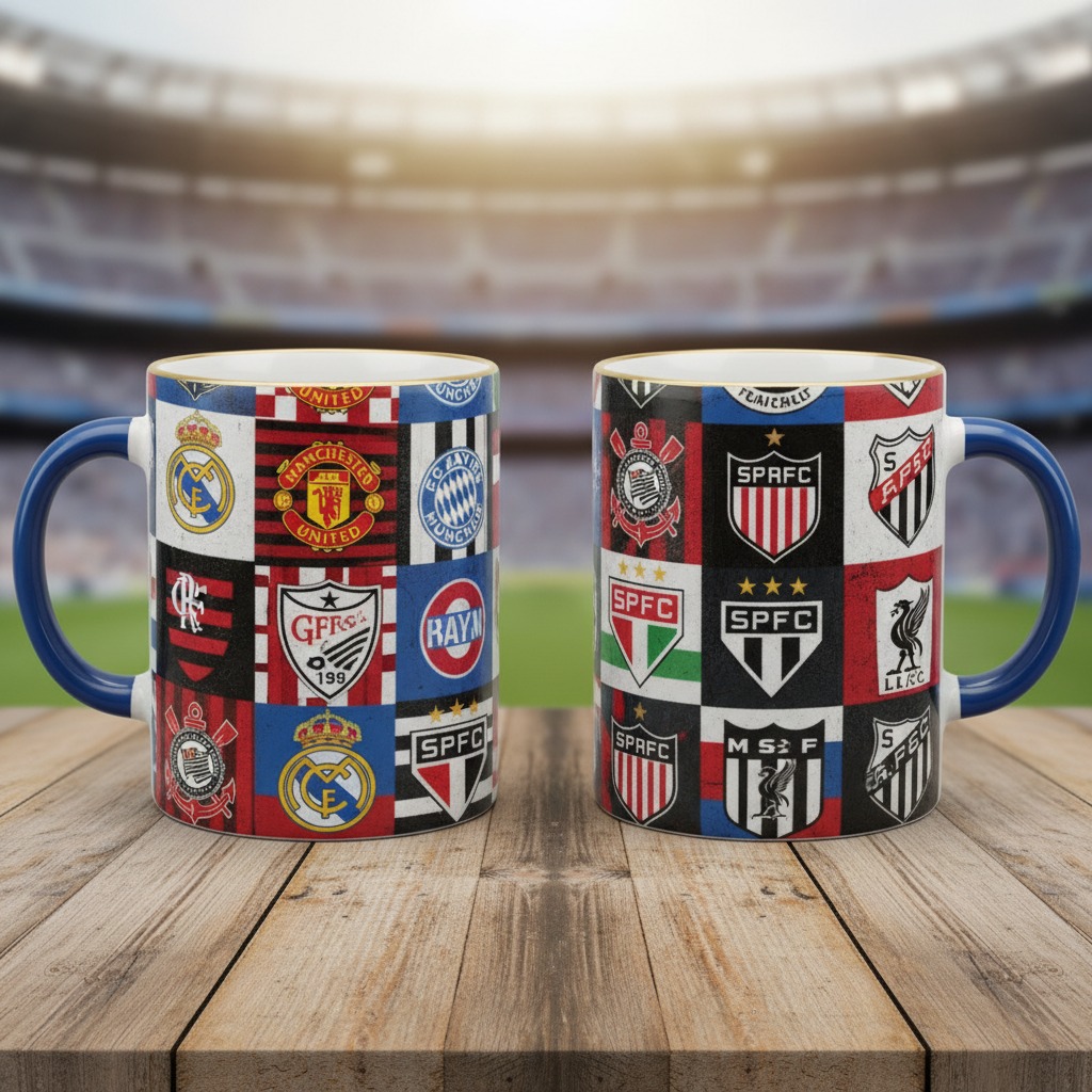 Duas canecas com estampas de escudos de times de futebol sobre uma mesa de madeira em um estádio.